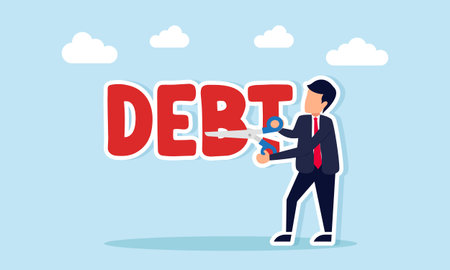 Businessman cutting debt text with scissors illustration of reducing financial burden and paying off business debtのイラスト素材