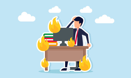 Confused businessman panicking as fire burns office desk illustration of difficulty meeting business project deadlinesのイラスト素材