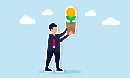 Businessman carrying potted plant blooming dollar coins illustration of investment efforts starting to generate returnsのイラスト素材