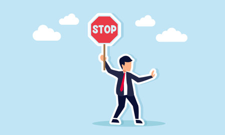 Businessman holding stop sign warning to halt business operations illustrationのイラスト素材