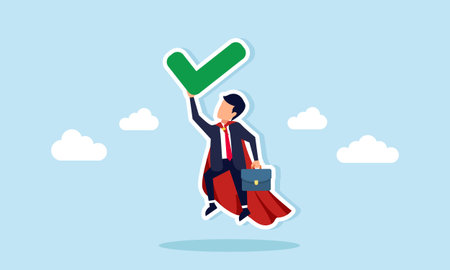 Super businessman flying while holding check mark illustration of effectiveness and efficiency in completing business projectsのイラスト素材