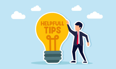 Businessman standing near light bulb labeled helpful tips illustration of getting ideas to complete...
