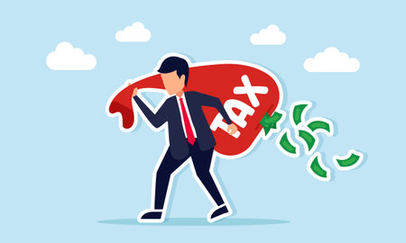 Businessman lifting a torn money sack labeled tax with cash falling illustration of ineffective tax fund collection resulting in lossesのイラスト素材