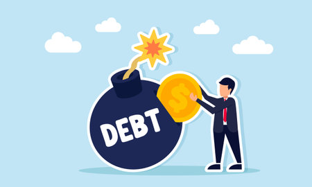 Businessman putting dollar coins into a bomb labeled debt illustration of paying business debt to maintain company financial stabilityのイラスト素材