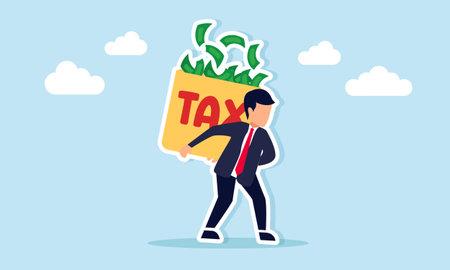 Businessman lifting a box labeled tax filled with money illustration of effective tax fund collection with maximum resultsのイラスト素材