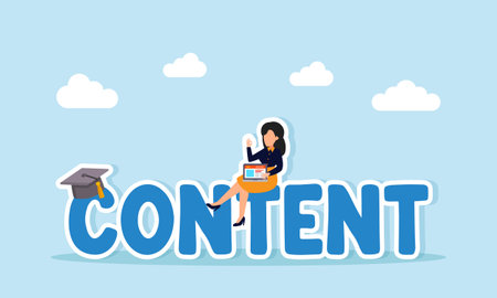 Businesswoman working on a laptop over content text with a graduation cap illustration of a social media specialist creating business contentのイラスト素材