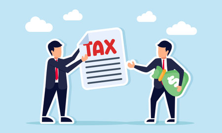 Businessman showing a tax document to another businessman carrying a sack of money illustration of corporate taxpayer collection effortのイラスト素材