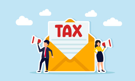 Businessman and businesswoman promoting a tax envelope using a megaphone illustration of education and promotion for corporate tax paymentのイラスト素材