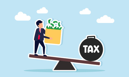 Businessman carrying a box full of money on one side of a seesaw facing a heavy tax weight illustration of high tax burden not proportional to company revenueのイラスト素材