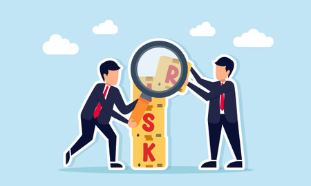 Businessman using magnifying glass to inspect stacked boxes labeled risk arranged by another businessman illustration of analyzing business risk managementのイラスト素材