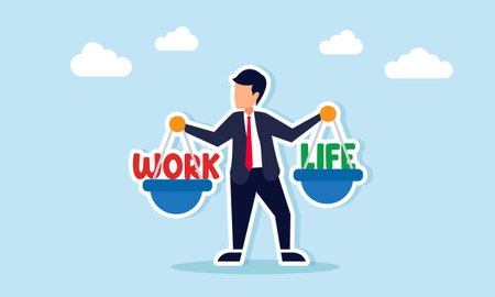 Businessman holding balance scales labeled work and life illustrating work life balanceのイラスト素材