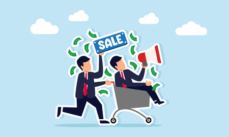 Businessman holding a sale sign pushing another businessman with a megaphone on a shopping cart illustrating a marketing strategy to increase business salesのイラスト素材