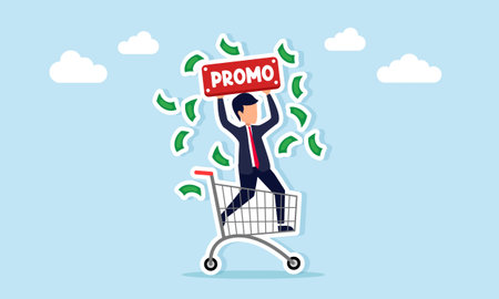 Businessman riding a shopping cart holding a promo sign with flying money illustrating a marketing strategy using promotions and special dealsのイラスト素材