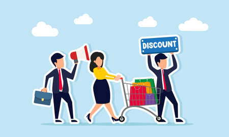 Business people promoting discount illustrating a marketing strategy using price reductionsのイラスト素材