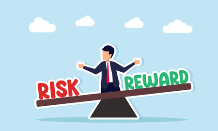 Businessman behind a seesaw with risk and reward sides illustrating decision making between taking risk or reward in businessのイラスト素材