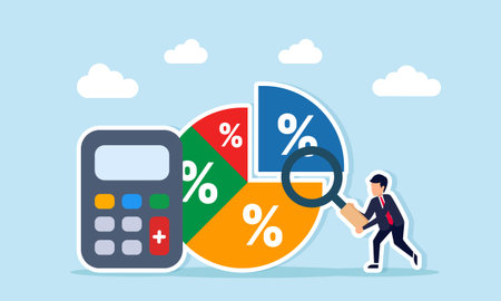 Businessman using magnifying glass to analyze pie chart percentage near calculator illustrating company stock dividend calculationのイラスト素材