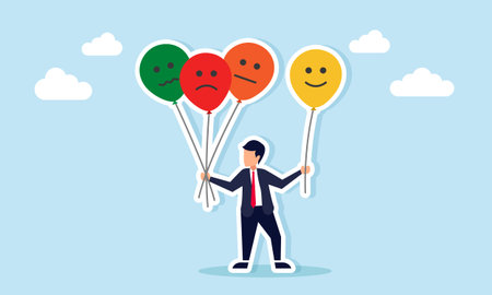 Businessman carrying many balloons with different expressions illustrating readiness for business performance reviewのイラスト素材