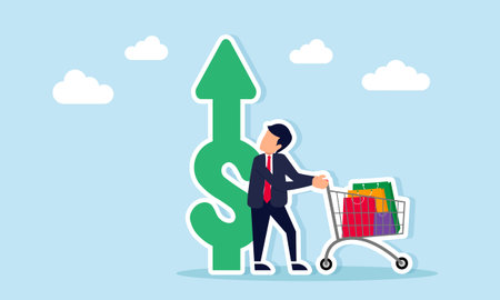 Businessman pushing shopping cart near dollar sign with rising arrow illustrating business income growth or company valuation increaseのイラスト素材