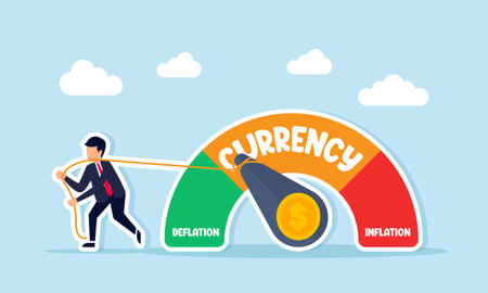Businessman pulling currency indicator needle with rope to prevent inflation illustrating macroeconomic inflation controlのイラスト素材