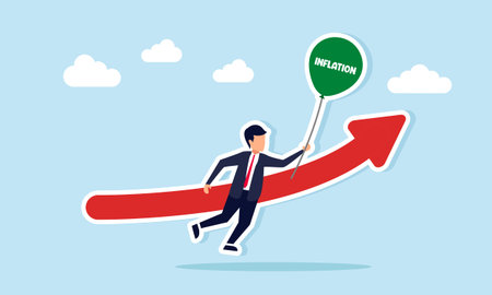 Businessman flying near rising red chart while holding rope of green balloon labeled inflation illustration of increasing global inflation levelのイラスト素材