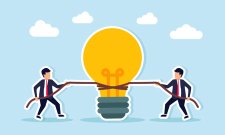 Two businessmen pulling rope tied to a light bulb illustration of competition in implementing business ideas and innovationのイラスト素材