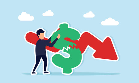 Businessman trying to fix broken dollar sign near falling red arrow illustration of currency value damage caused by inflationのイラスト素材