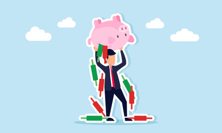 Businessman turning over piggy bank to release part of candlestick illustration of taking profit or withdrawal from stock market tradingのイラスト素材