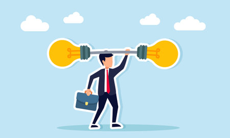 Businessman lifting balanced weight with light bulbs on both sides illustration of business stability through continuous innovationのイラスト素材