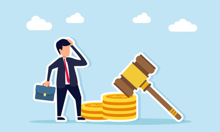 Businessman worried about legal gavel and stacks of coins illustration of decision making in budget allocation for business operationsのイラスト素材