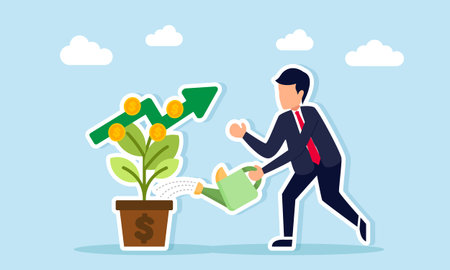 Businessman watering plant growing dollar coins with upward arrow illustration of effort to increase business profit and incomeのイラスト素材