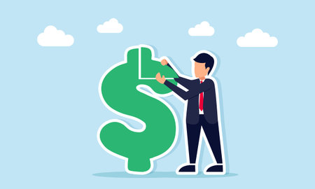 Businessman completing dollar icon puzzle illustration of effort to achieve stable financial conditionのイラスト素材