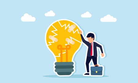 Sad businessman standing near cracked lightbulb repaired with tape illustration of failure in executing business ideasのイラスト素材