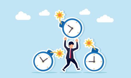 Businessman trying to take cover from multiple time bombs illustration of being chased by many...