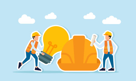 Engineer near safety helmet giving instructions to another engineer carrying a lamp illustration of...