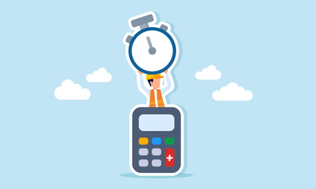 Engineer holding stopwatch emerging from calculator illustration of time calculation and project...