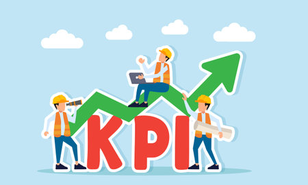 Engineers working near KPI text with rising green arrow illustration of improved team performance in construction projectのイラスト素材