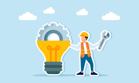Engineer holding machine wrench near lightbulb with gear inside illustration of innovation and ideas in engineering projectsのイラスト素材