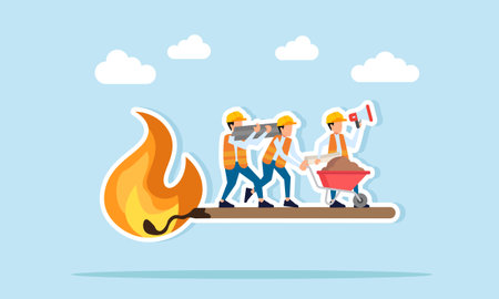 Engineers standing on burning match illustration of construction project deadline pressureのイラスト素材