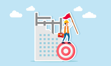 Engineer raising flag on target board near building construction progress illustration of setting construction project goalsのイラスト素材
