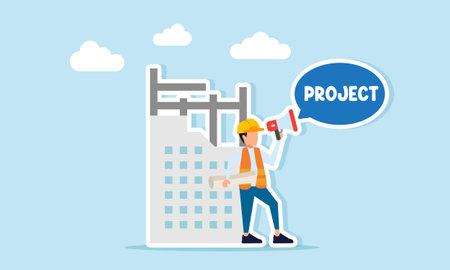 Engineer near building construction progress using megaphone with project chat illustration of seeking new construction projectsのイラスト素材