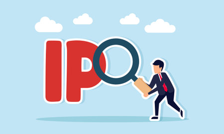 Businessman using magnifying glass to examine IPO text illustration of analyzing company IPO...