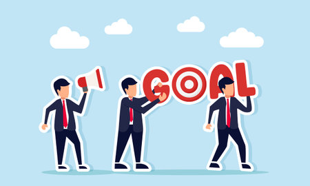 Businessman using megaphone giving instructions to two businessmen lifting goal text with target board illustration of teamwork collaboration to achieve business goalsのイラスト素材