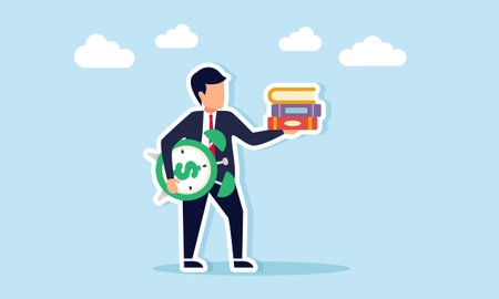 Businessman carrying books and dollar alarm clock illustration of time and financial management discipline to improve business literacy conceptのイラスト素材