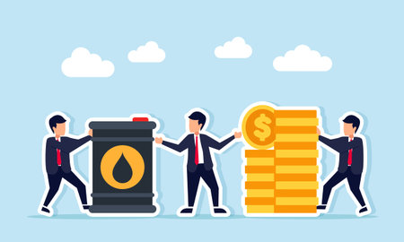 Businessmen pushing oil barrel and dollar coin stack in opposite directions separated by mediator illustration of intermediary role in oil tradingのイラスト素材