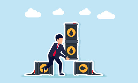 businessman carrying stacked oil barrels around spilled oil barrel illustration of national oil reserve calculation and resource management conceptのイラスト素材