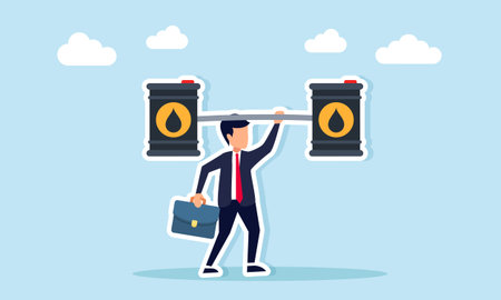 businessman lifting weight from oil barrel illustration of national oil resource resilience and energy strength conceptのイラスト素材