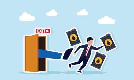 businessman and oil barrels kicked out of room illustration of failed oil business negotiation and partnership breakdown conceptのイラスト素材