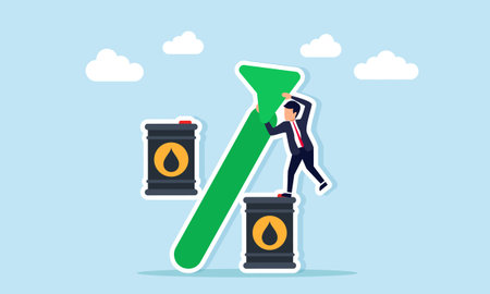 businessman placing arrow on percent symbol formed by oil barrels illustration of increasing oil valuation and price growth in energy market conceptのイラスト素材