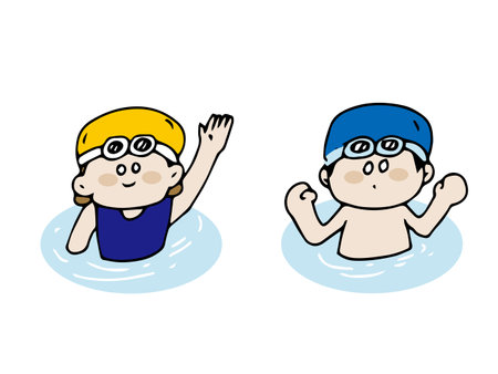 Illustration set of boys and girls swimmingのイラスト素材