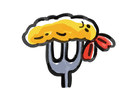 Watercolor-style supine shrimp fried stuck in a fork Character Deformedのイラスト素材